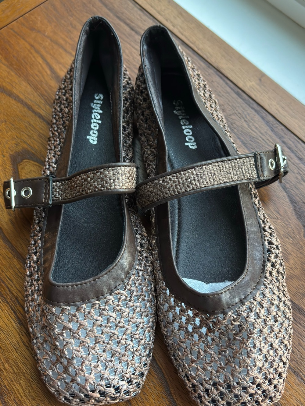 Styleloop Brown Woven Mary Jane Flats with Adjustable Strap